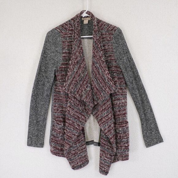 Lucky Brand Patchwork Heather Gray Red Cardigan Sweater Large Tweed Wool Acrylic - Picture 1 of 9